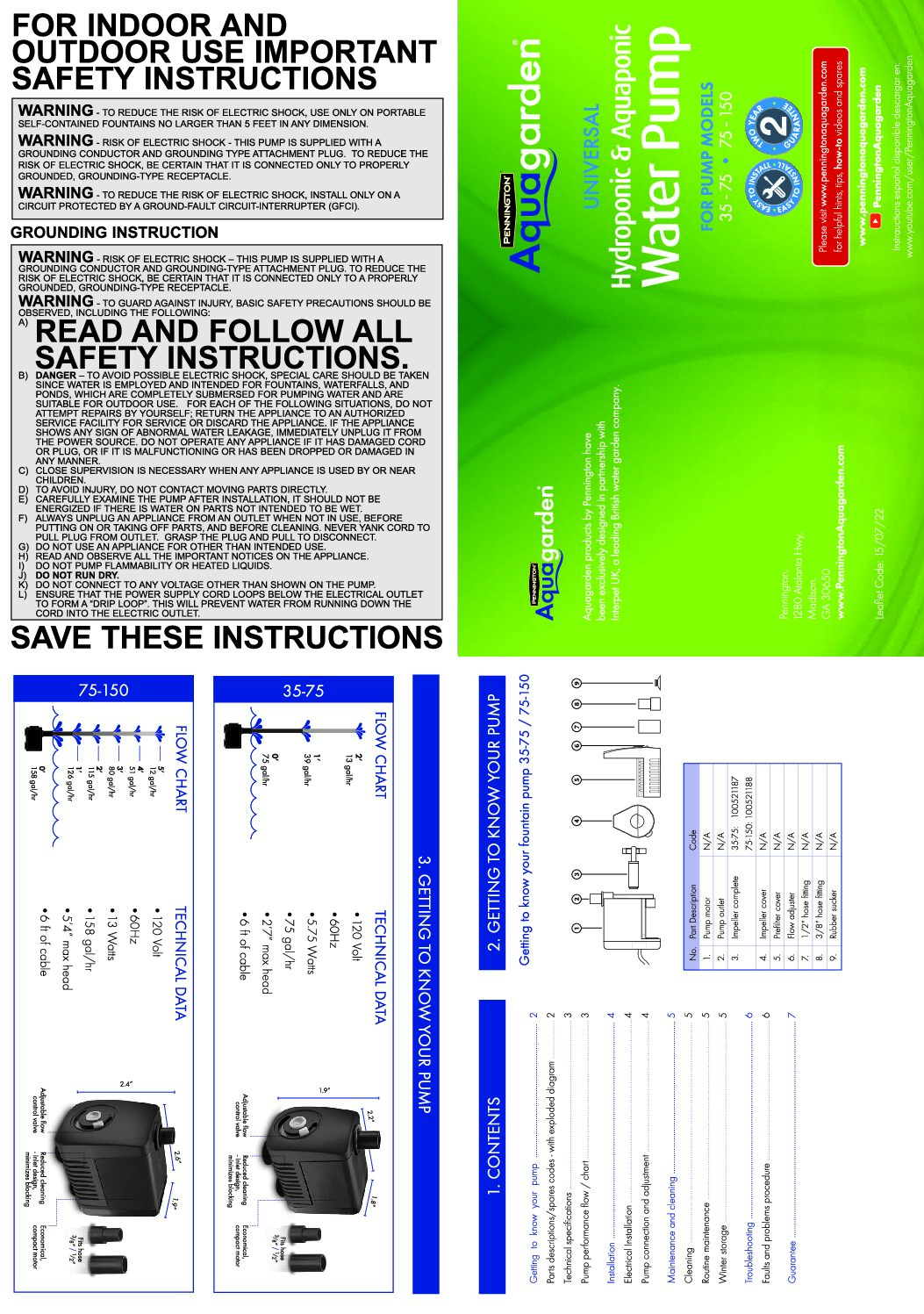 Universal Hydroponic & Aquaponic Water Pump 35-75 instruction manual